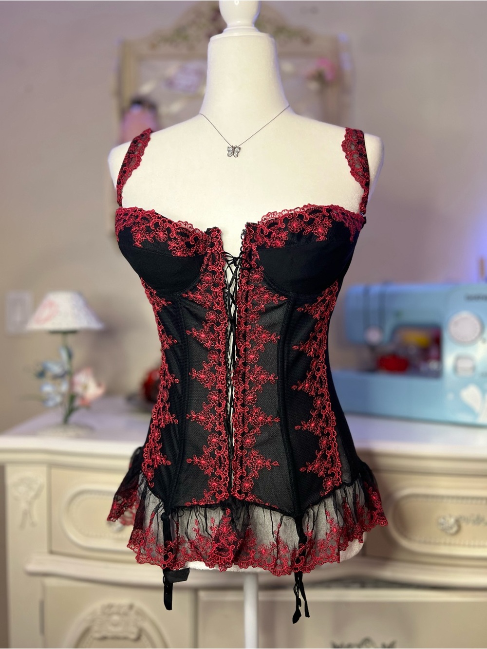 Leg Avenue Black Corset Chemise with Red Lace Accents